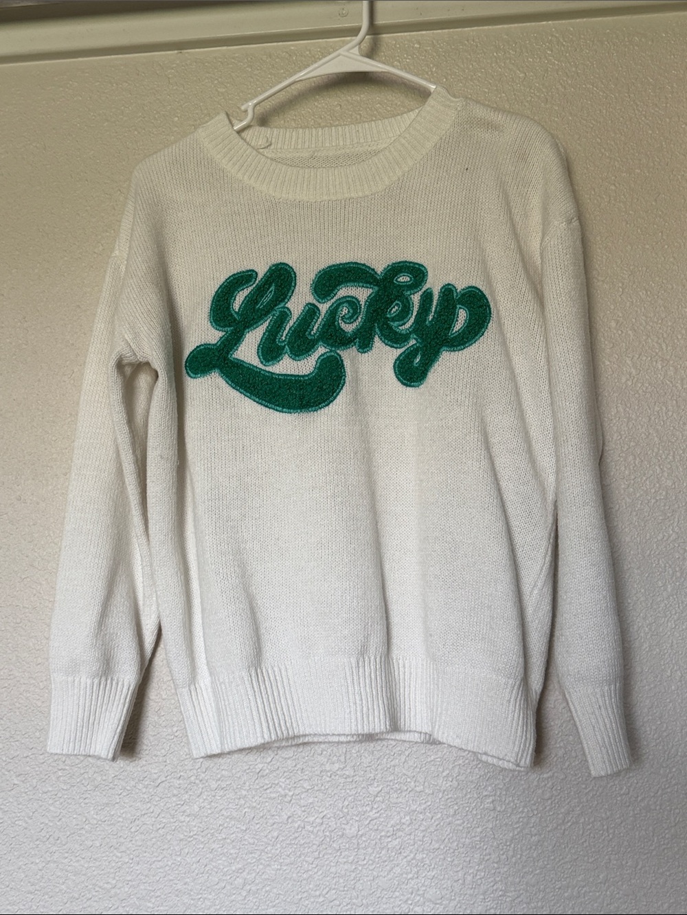 White 'Lucky' Script Sweater with Green Appliqué